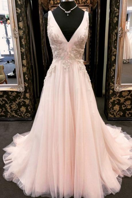 Unique, V Neck ,tulle Lace ,applique ,long Prom Dress, Pink Evening Dress