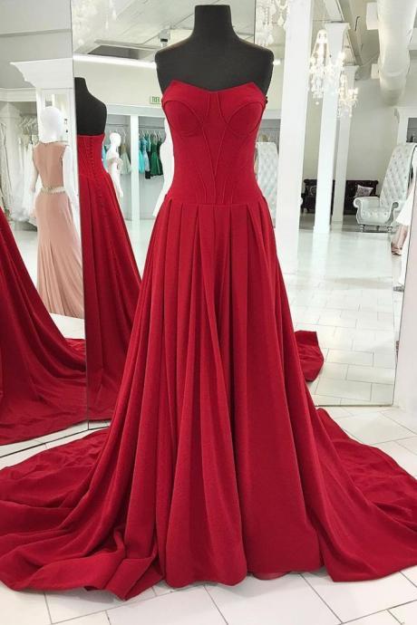Simple Red Long Prom Dress, Red Long Evening Dress Strapless Party Dress
