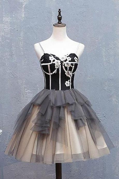 Sweetheart Homecoming Dress Neck Gray Homecoming Dress Tulle Short Ruffles Prom Dress, Party Dress With Applique