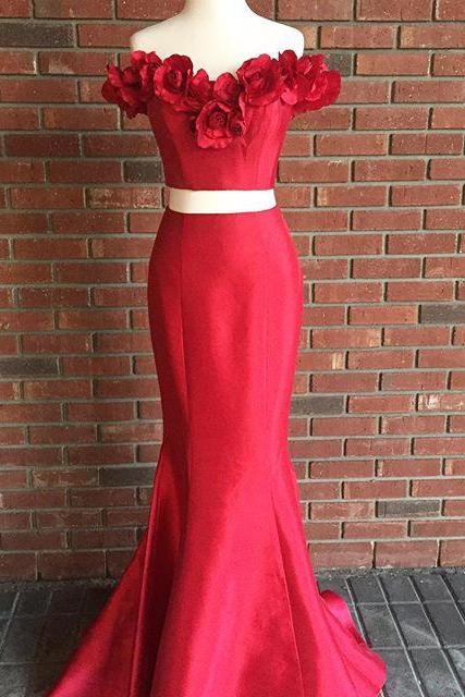 Two Piece Long Prom Dress, Off Shoulder Two Piece, Red Prom Dress Mermaid Prom Dress