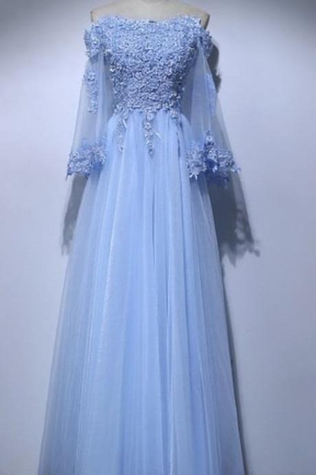 Off Shoulder Evening Dress Light Blue Lace Party Dress, Long Sleeve Tulle Prom Dress