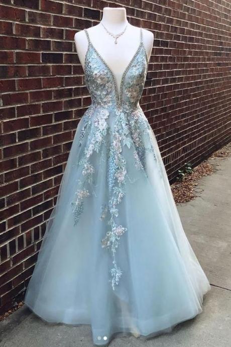Blue Ball Gowns V Neck Bridal Dress Tulle Lace Long Prom Dress, Blue Lace Evening Dress Appliques Evening Dress