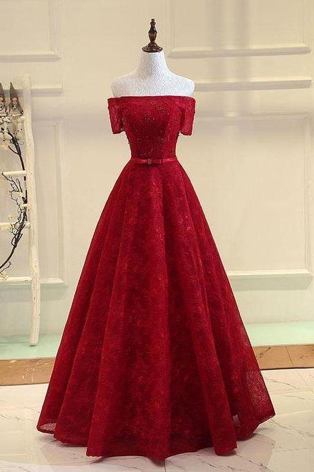 Burgundy A Line Lace Long Prom Dress, Burgundy Evening Dress,off Shoulder Red Prom Dress