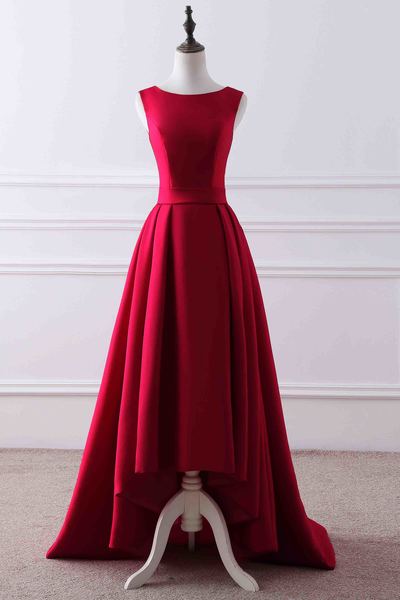 Red Matte Satin Prom Dress,round Neck High Low Train Evening Dress