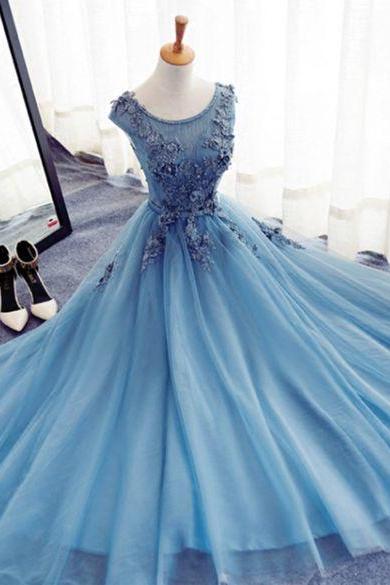 Cap Sleeve Blue Lace Beaded Evening A Line Prom Dresses, Long Sexy Party Prom Dress, Custom Long Prom Dresses, Formal Prom Dresses