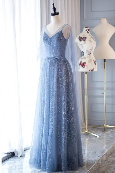 Blue tulle long prom dress, blue tulle evening dresses,spaghetti straps prom dresses