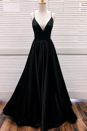 Simple V Neck Black Long Prom Dress, Black Evening Dress