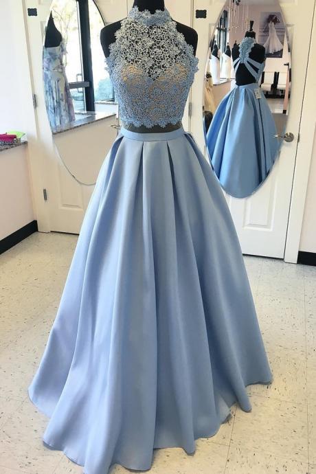 2 Piece Satin High Neck Prom Gown,Floor Length Prom Dress With Lace Top ,blue evening dress