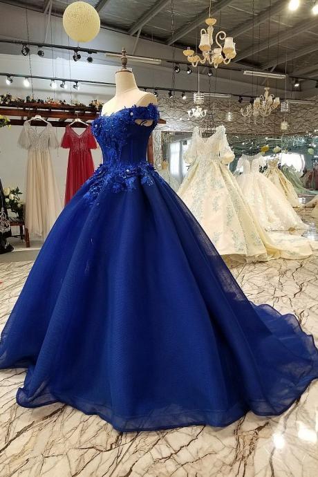 Off-the-shoulder Party Dress Royal Blue Evening Dresses 3d Floral Lace Prom Dress