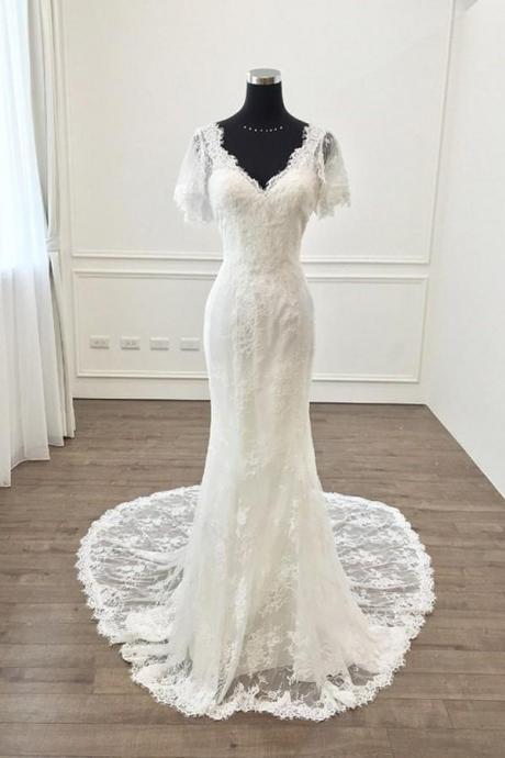 Short Sleeves Lace Wedding Dress Mermaid Style v-neck wedding dress