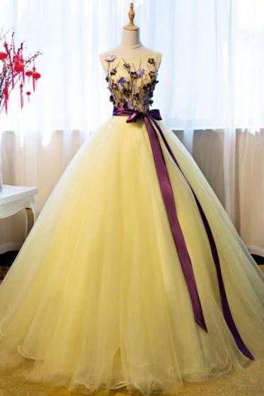Round Neck Dress, Flower Dress, Long Style Dress, Party Dress, Yellow Dress, Sleeveless Dress, Ribbon Dress