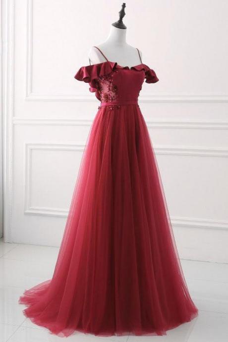 Sexy Red Strapless Dress, Long Tulle Party Dress, Red Neckline Ruffled Dress, Exquisite Embroidered Sequin Dress