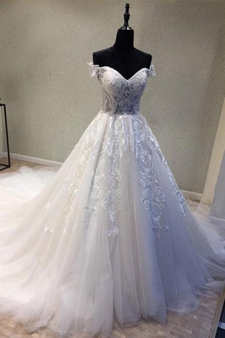 Sexy strapless wedding dress, white big drag wedding dress, lace decals pure white wedding dress,