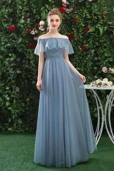 Blue Party Dress Off Shoulder Evening Dress Tulle Long Prom Dress Backless Formal Dress