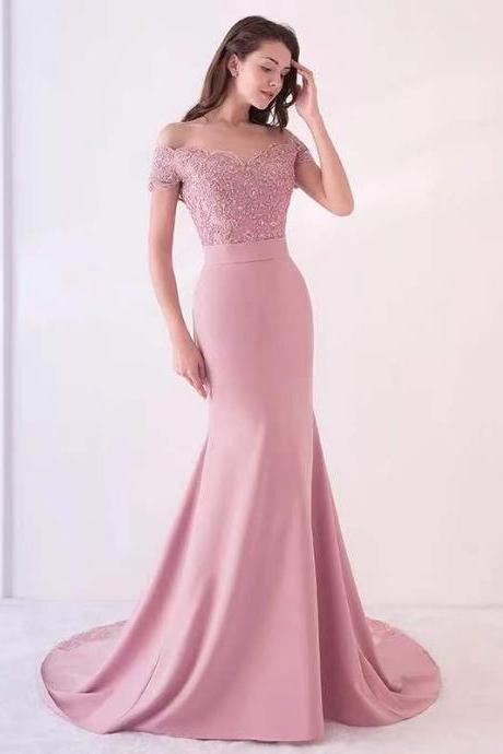 Pink party dress off shoulder evening dress mermaid long prom dress lace applique formal dress