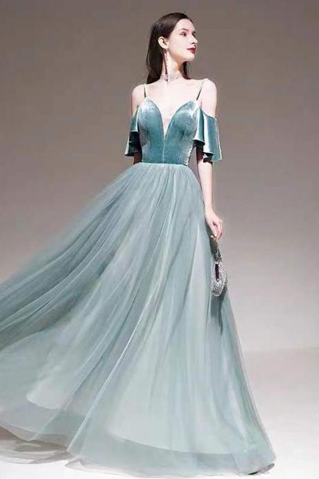 Green Party Dress Spaghetti Straps Evening Dress V Neck Prom Dress Tulle Long Formal Dress