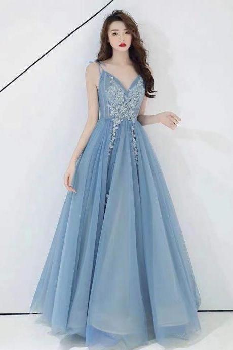 Blue Party Dress V Neck Evening Dress Spaghetti Straps Prom Dress Tulle Applique Formal Dress