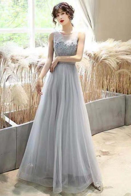 Gray party dress round neck evening dress tulle long prom dress backless applique formal dress