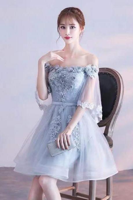 Gray party dress off shoulder evening dress short sleeve prom dress tulle homecoming dress lace applique formal dress