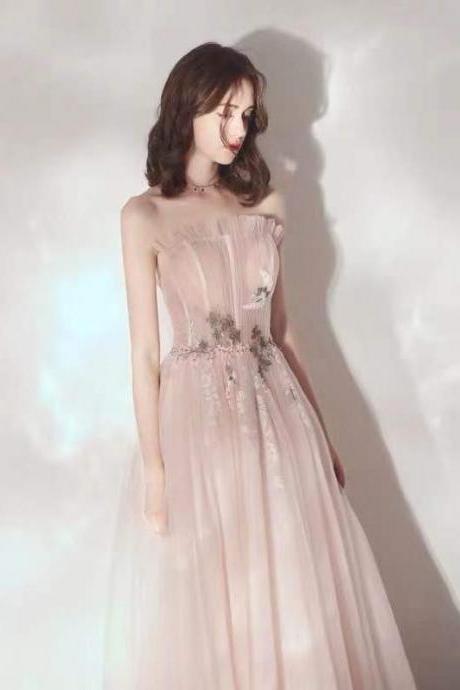 Light pink party dress strapless evening dress tulle applique prom dress backless formal dress