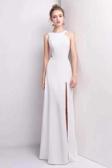 White party dress halter neck evening dress high split prom dress sleeveless formal dress