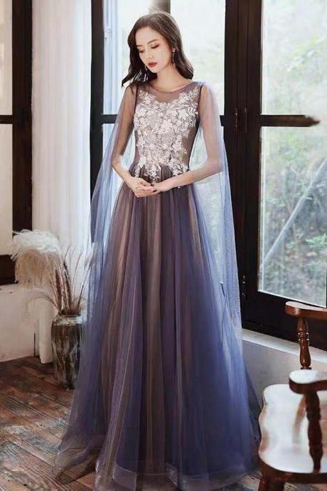 Purple party dress round neck evening dress tulle long prom dress lace applique formal dress