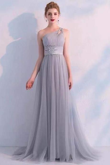 Gray Party Dress One Shoulder Evening Dress Tulle Beads Prom Dress Backless Formal Dress