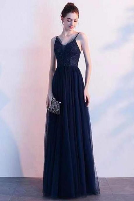 Navy Blue Party Dress Spaghetti Straps Evening Dress V Neck Prom Dress Tulle Formal Dress Backless Party Dress