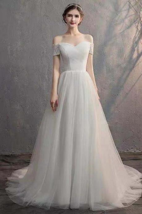 White Wedding Dress Off Shoulder Wedding Dress Backless Long Wedding Dress Tulle Wedding Dress