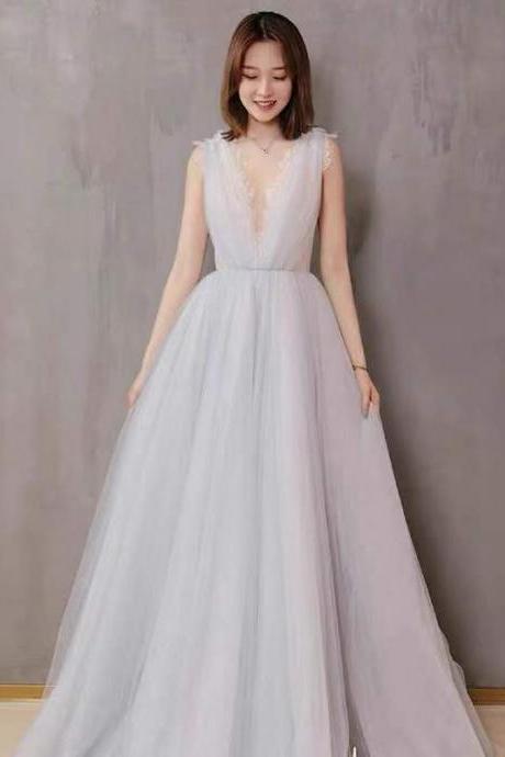 Gray Party Dress Deep V Neck Evening Dress Tulle Long Prom Dress Sleeveless Formal Dress