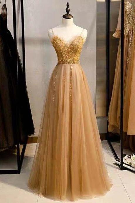 Yellow party dress spaghetti straps evening dress v neck prom dress backless formal dress tulle beading floor length dress