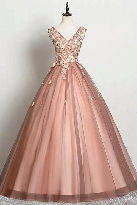 Pink Party Dress V Neck Evening Dress Tulle Applique Prom Dress Backless Ball Gown Dress