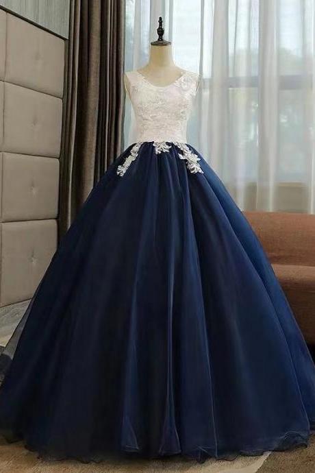 Blue party dress round neck evening dress tulle ball gown dress lace applique formal dress