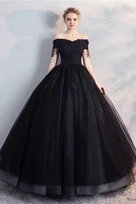 Black Party Dress Off Shoulder Evening Dress Tulle Ball Gown Dress Lace Applique Prom Dress