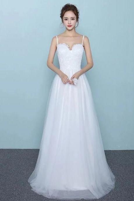 White wedding dress spaghetti straps wedding dress tulle long wedding dress lace applique wedding dress