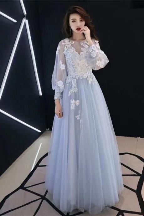 Light Blue Party Dress Long Sleeve Evening Dress Round Neck Prom Dress Tulle Formal Dress Lace Applique Party Dress