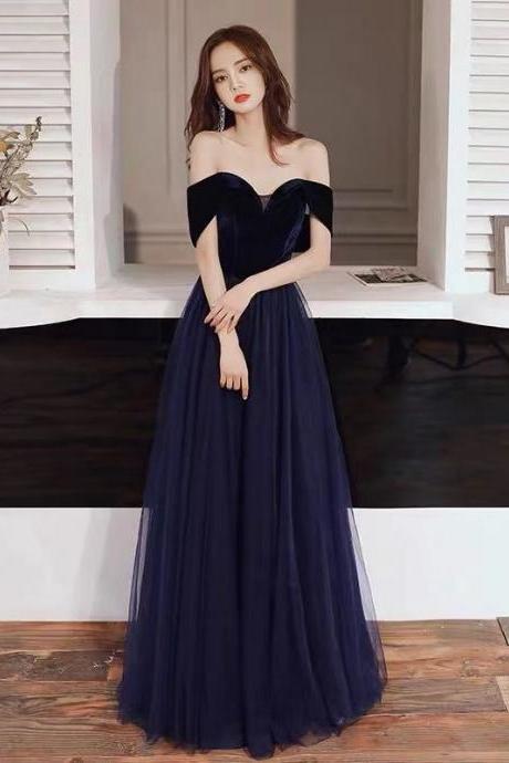 Mazarine Party Dress Off Shoulder Evening Dress Backless Long Prom Dress Tulle Formal Dress