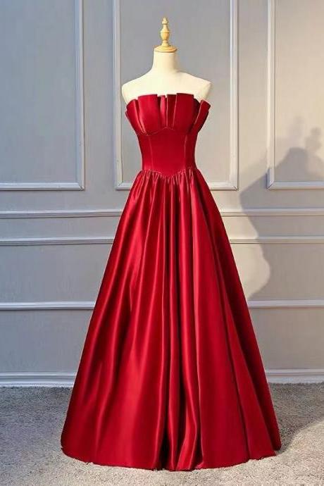 Red Party Dress Strapless Evening Dress Backless Long Prom Dress Satin Formal Dress