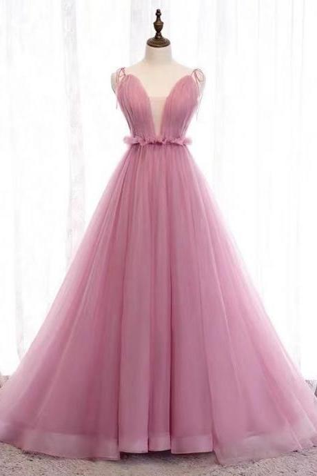 Pink Party Dress V Neck Evening Dress Spaghetti Straps Prom Dress Tulle Long Formal Dress Backless Ball Gown Dress