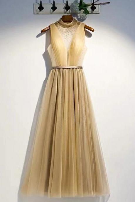 Yellow party dress high neck evening dress tulle beading formal dress backless long prom dress