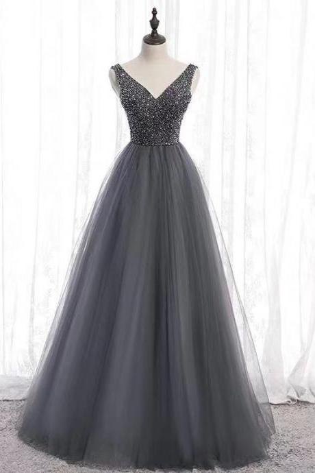 Dark grey party dress v neck evening dress tulle beading formal dress backless long prom dress