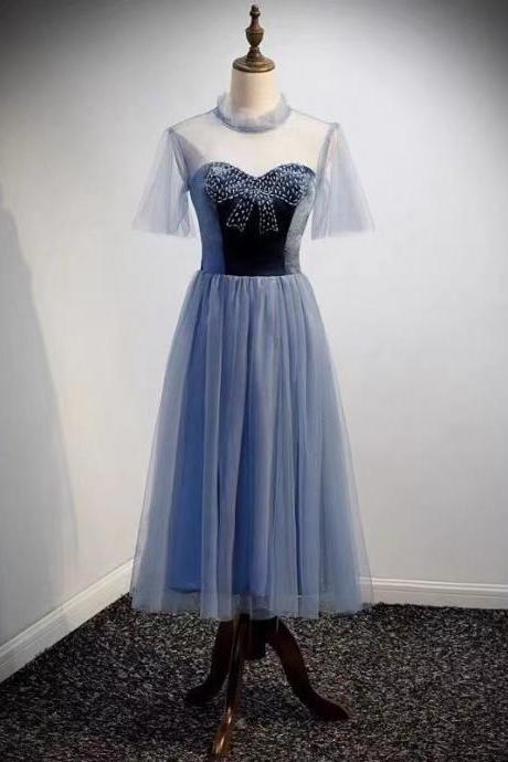 Blue party dress high neck evening dress short sleeve prom dress tulle beading formal dress