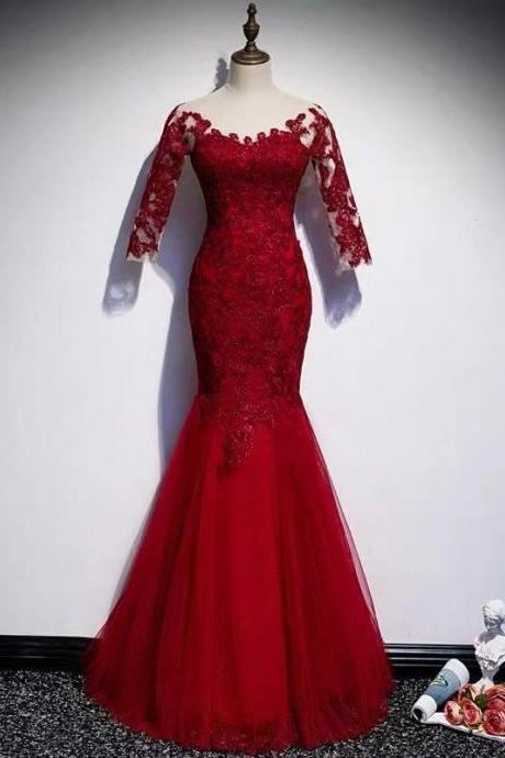 Red party dress mermaid long prom dress lace applique formal dress tulle evening dress