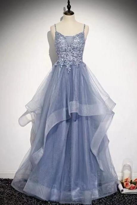 Blue party dress spaghetti straps evening dress backless long prom dress tulle applique formal dress