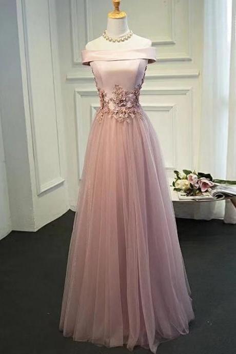 Pink party dress off shoulder evening dress satin long prom dress tulle applique formal dress