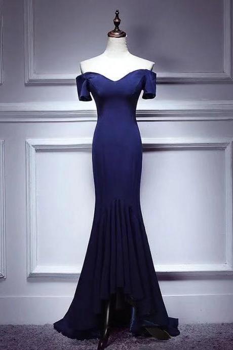 Navy blue party dress v neck evening dress off shoulder prom dress mermaid long formal dress backless evening dress