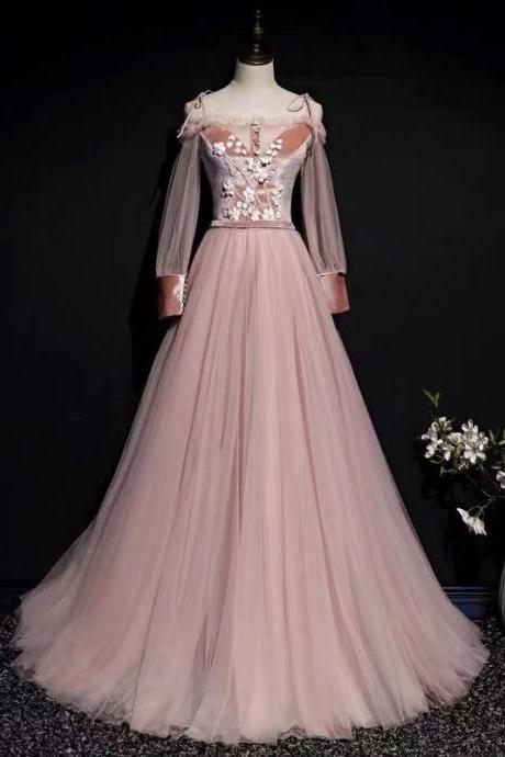 Pink Party Dress Long Sleeve Evening Dress Tulle Applique Prom Dress Backless Formal Dress