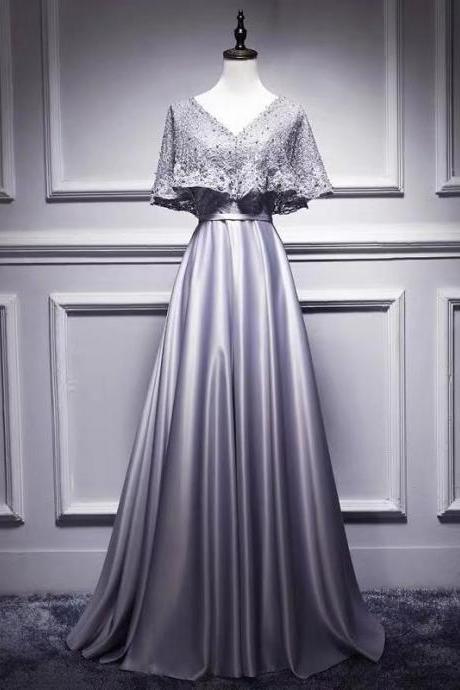 Gray party dress short sleeve evening dress v neck prom dress lace applique formal dress satin floor length prom dress