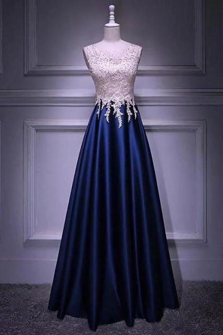 Blue party dress satin long prom dress lace applique evening dress round neck formal dress