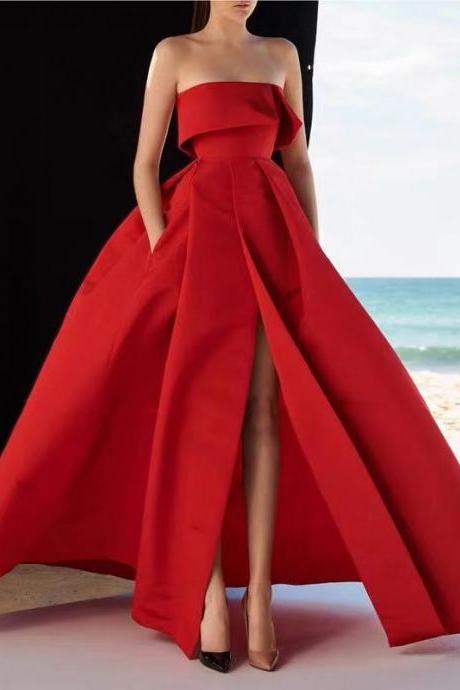 Red party dress strapless evening dress high split prom dress satin long formal dress backless evening dress